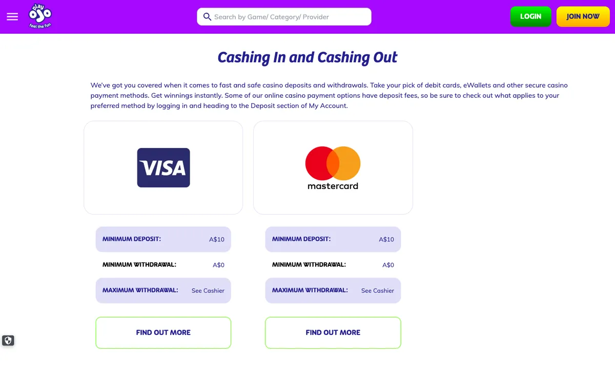 PlayOJO Casino — Payments, captured from Australia