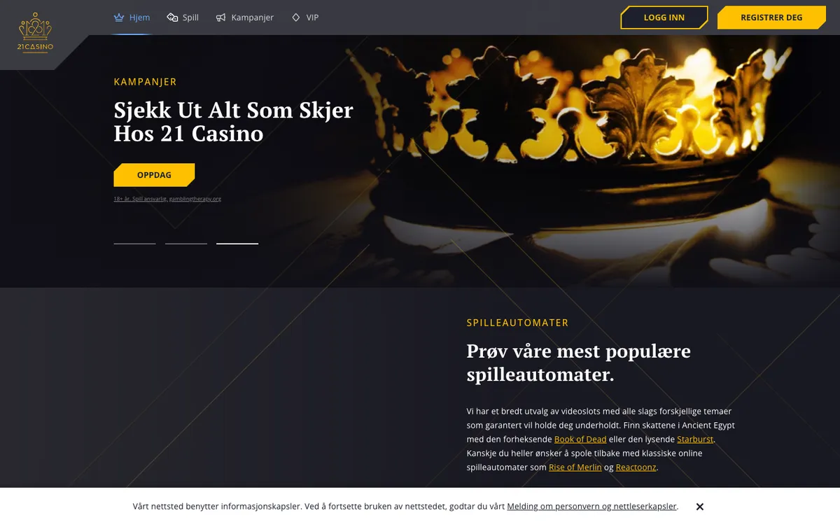 21 Casino — Home page, captured from Norway