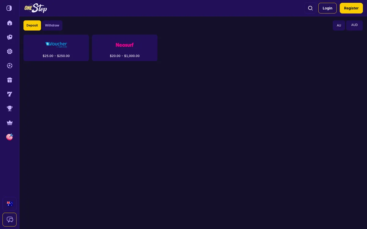 Onestep Casino — Payments, captured from Australia