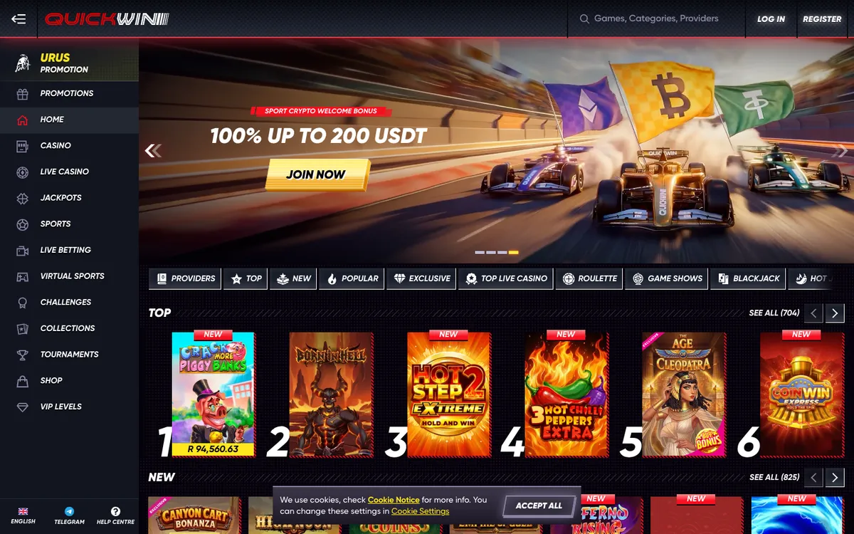 QuickWin Casino — Home page, captured from South Africa
