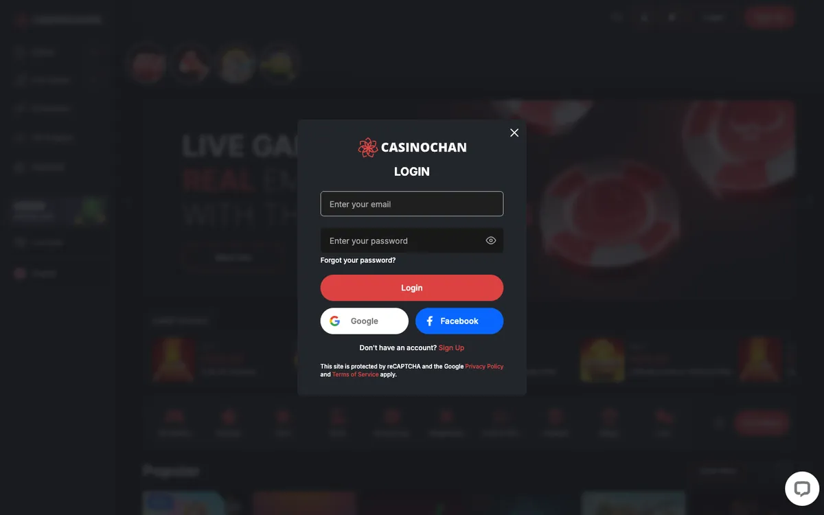 CasinoChan — Sign-up, captured from Czechia