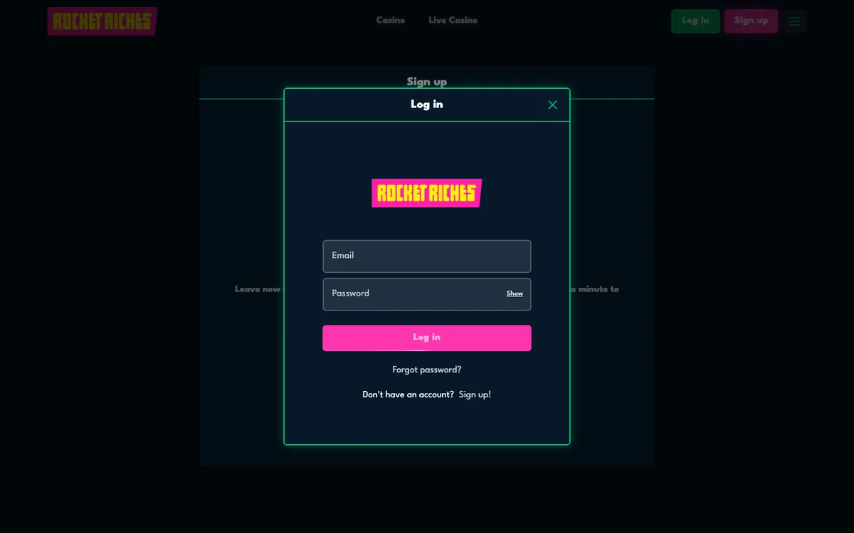 Rocket Riches Casino — Sign-up, captured from Austria