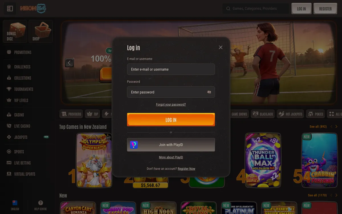 Neon54 Casino — Sign-up, captured from New Zealand