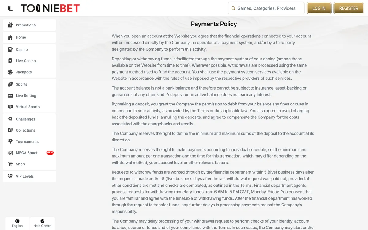 Tooniebet Casino — Payments, captured from Canada