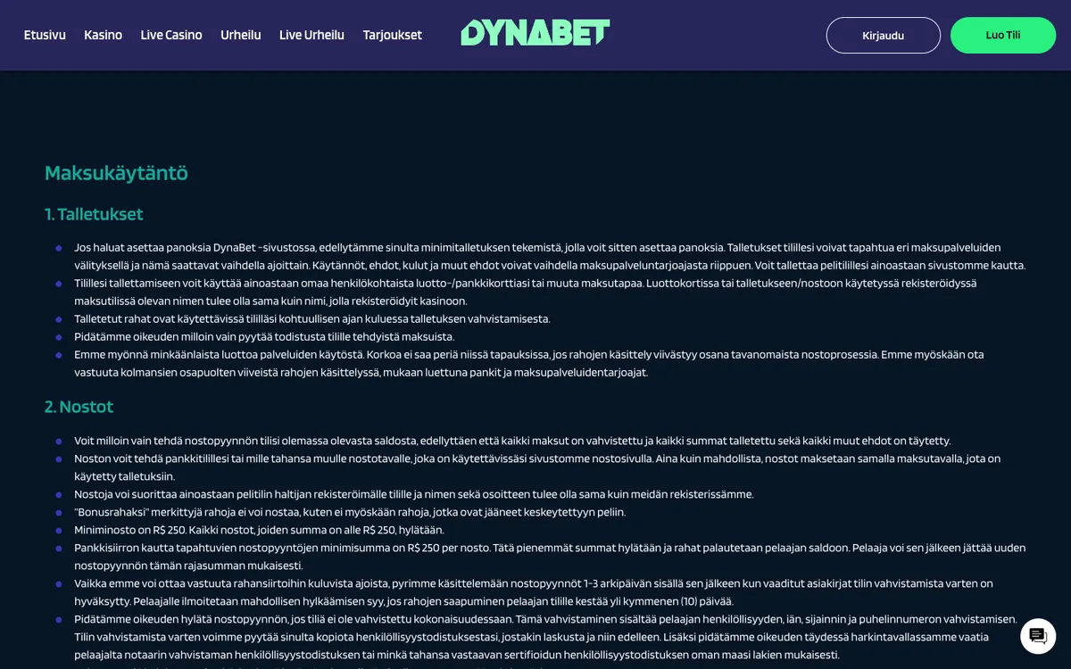 Dynabet Casino — Payments, captured from Finland