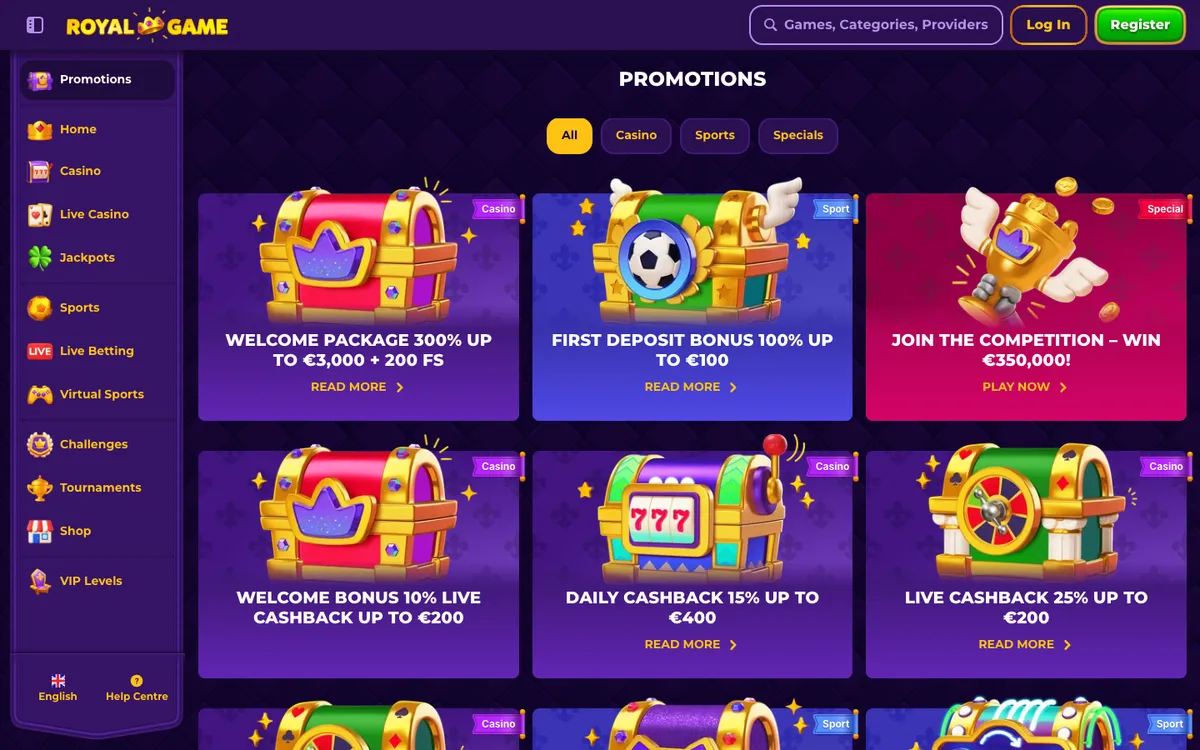 RoyalGame Casino — «Акции», снято из страны Южно-Африканская Республика