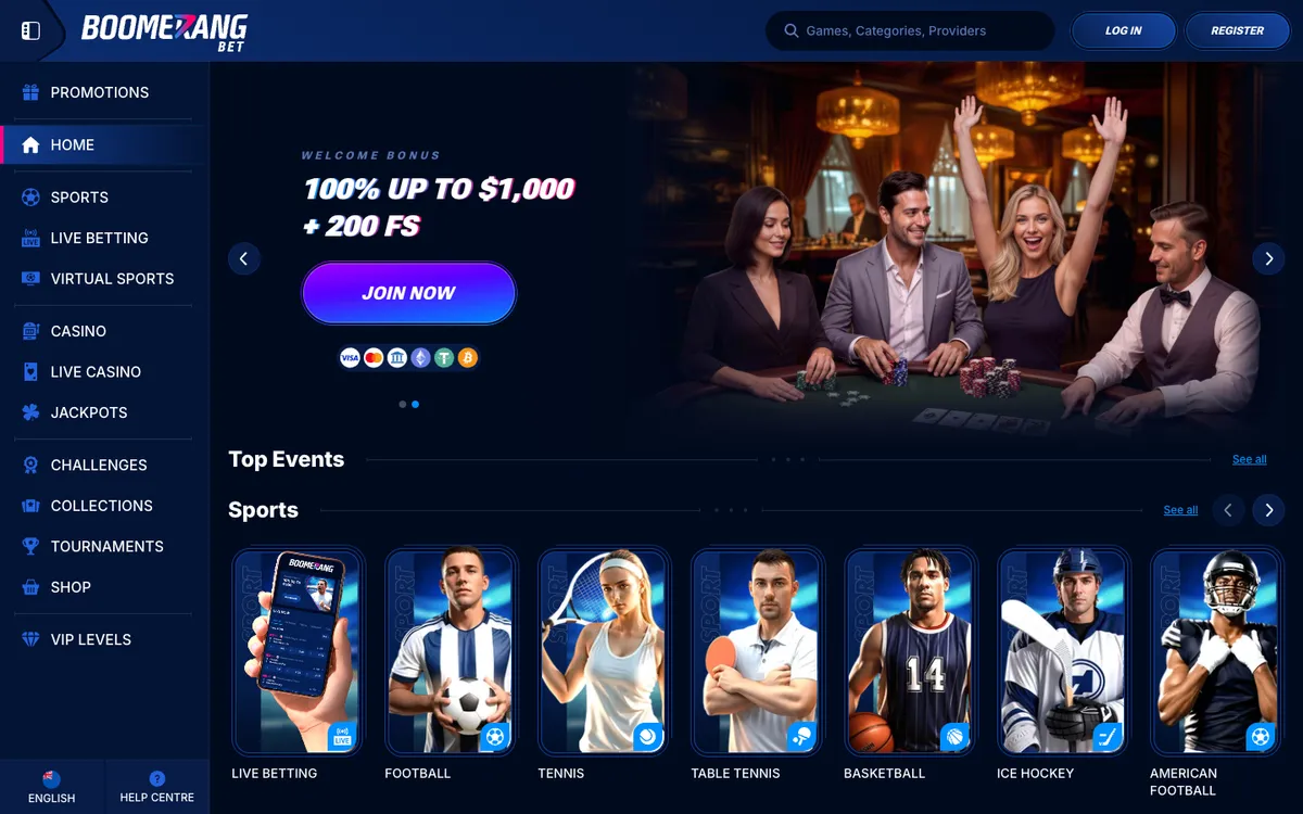 Boomerang-bet Casino — «Главная», снято из страны Новая Зеландия
