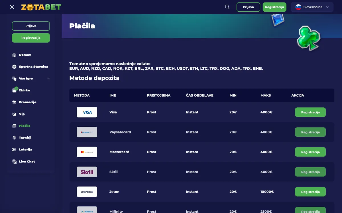 Zotabet Casino — Payments, captured from Slovenia