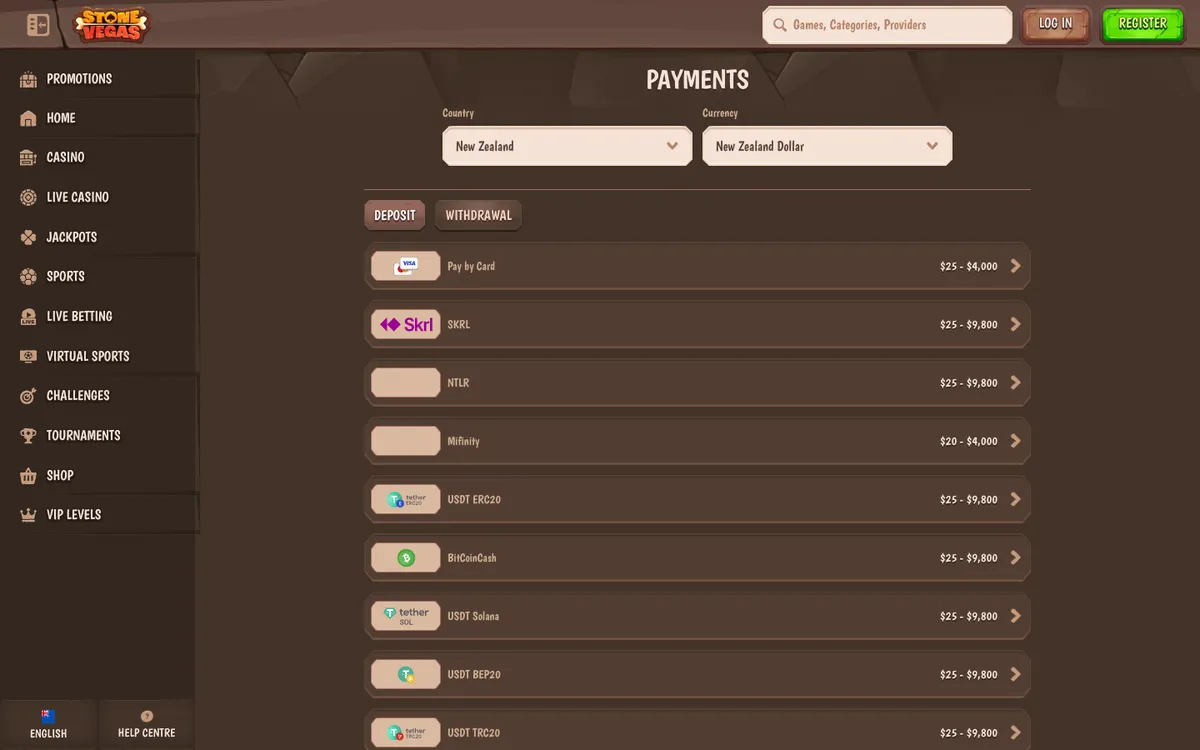 StoneVegas Casino — Payments, captured from New Zealand