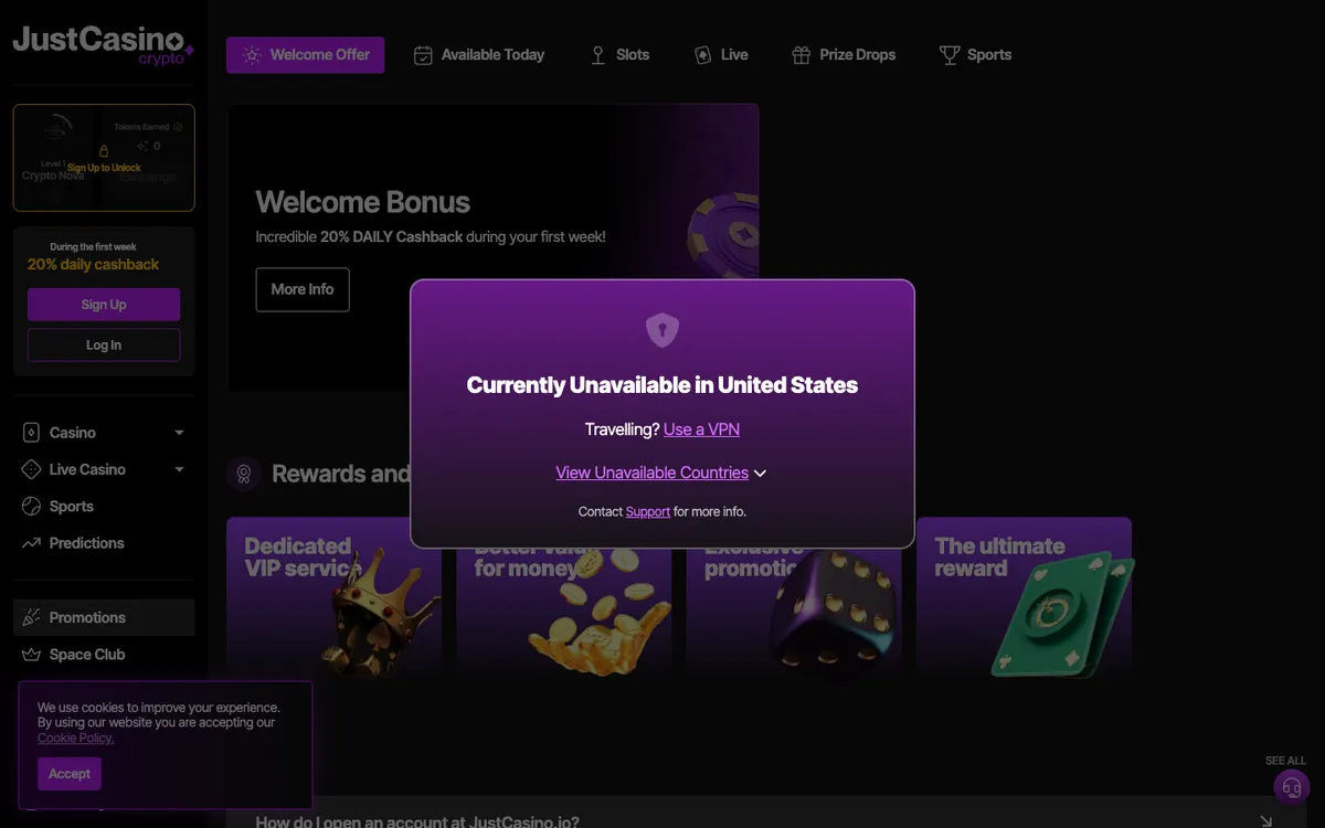 JustCasino.io — «Акции», снято из страны Соединенные Штаты