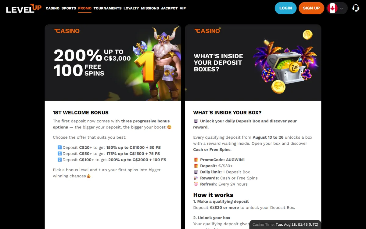 LevelUp Casino — «Акции», снято из страны Канада