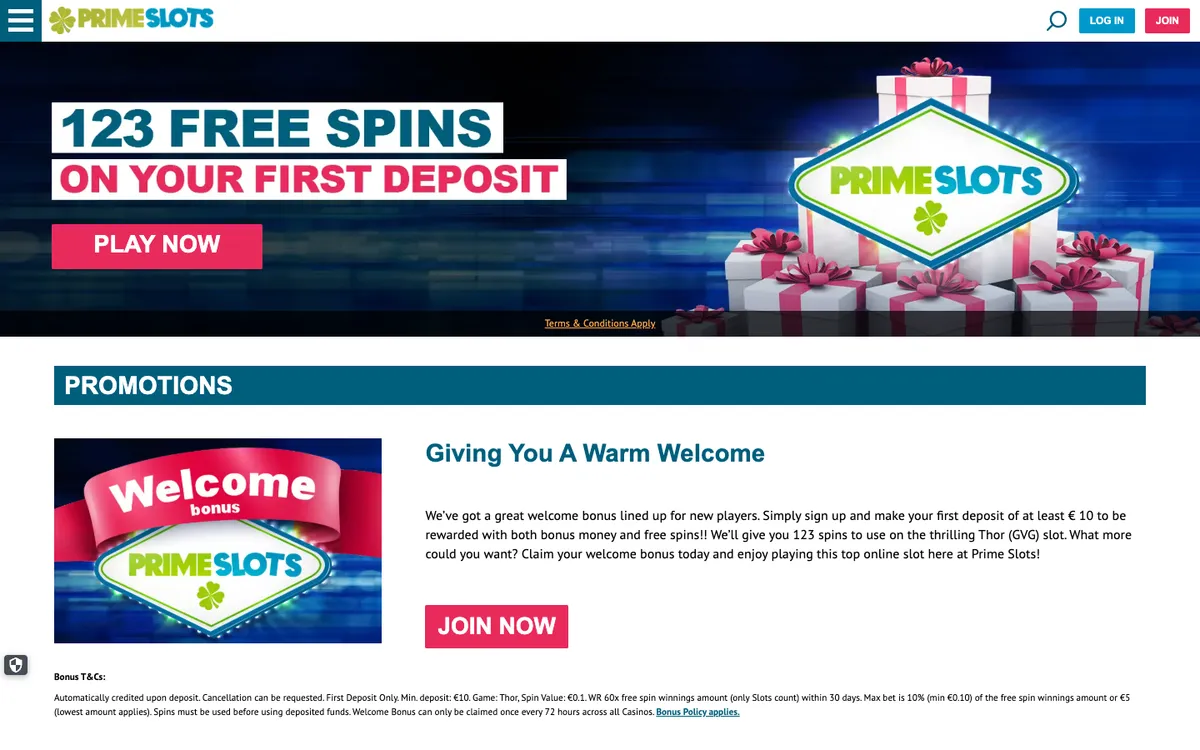 Prime Slots Casino — Promotions, captured from Belgium