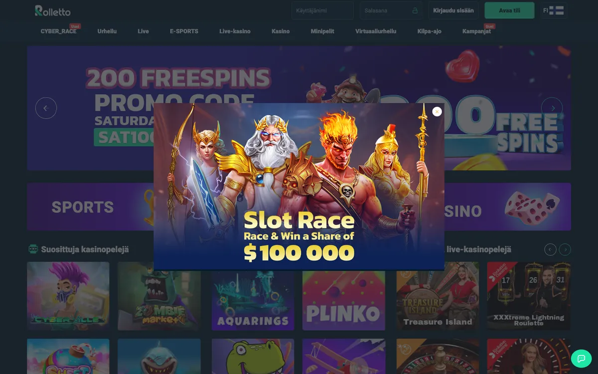 Rolletto Casino — Home page, captured from Finland