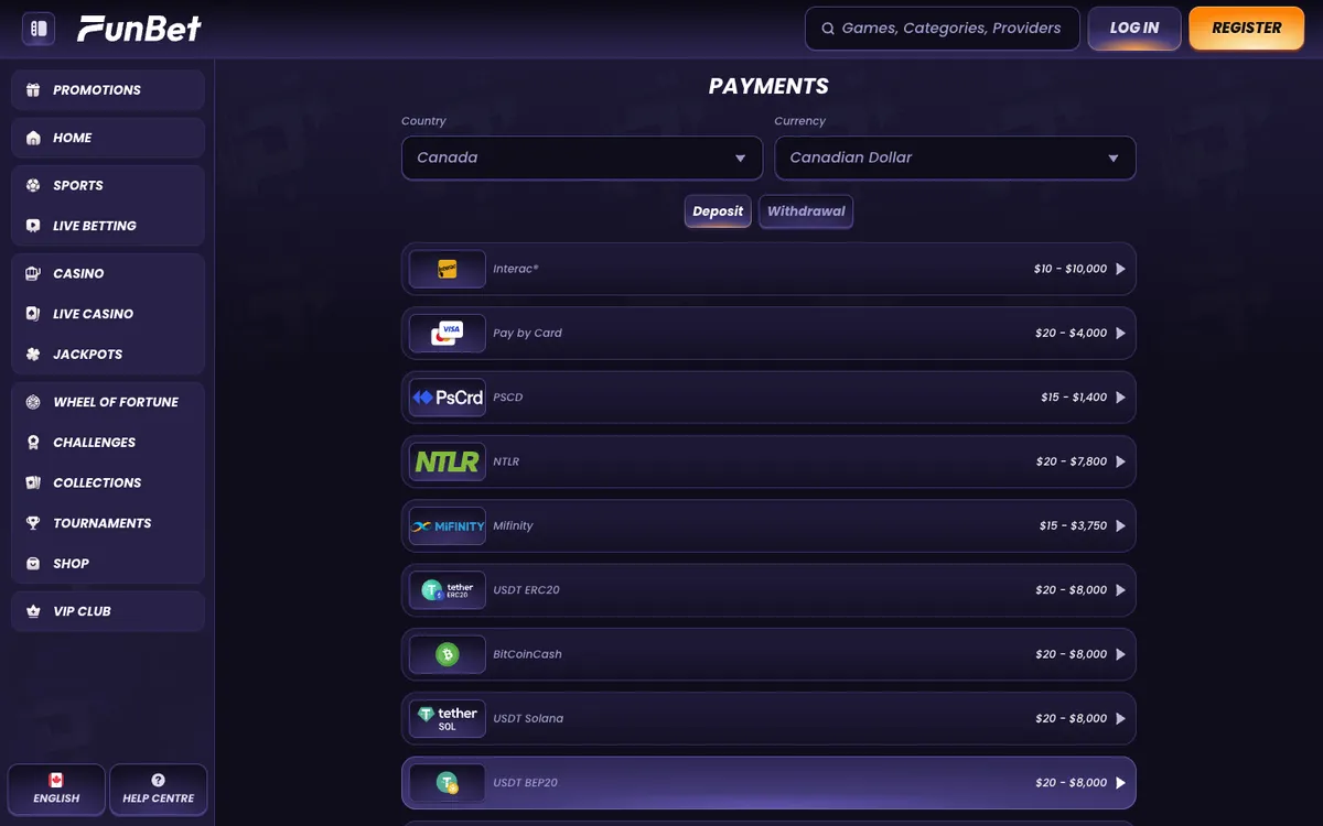 Funbet Casino — Payments, captured from Canada