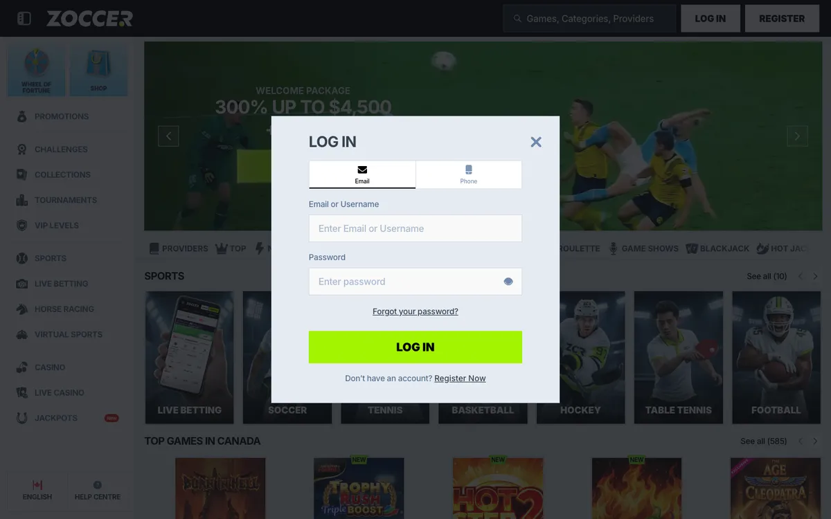 Zoccer Casino — Sign-up, captured from Canada