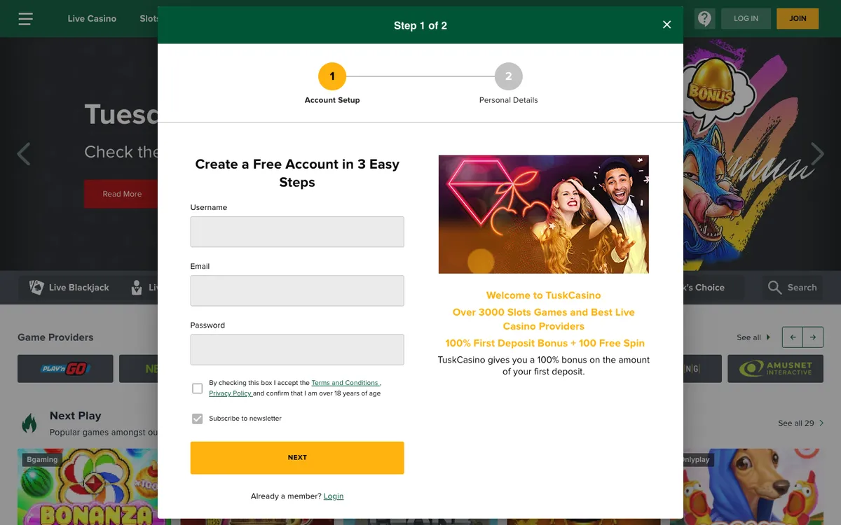 Tusk Casino — Sign-up, captured from New Zealand