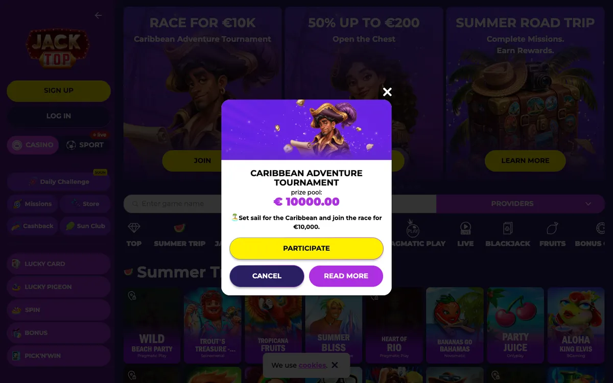 Jacktop Casino — «Регистрация», снято из страны Испания