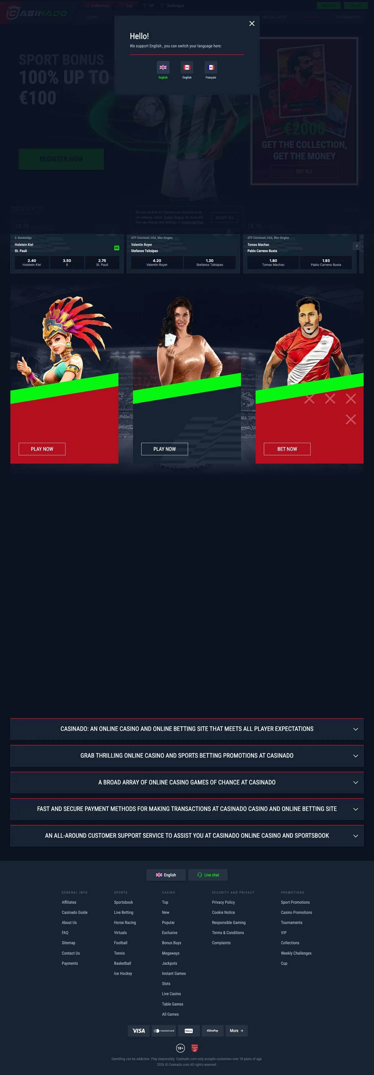 Casinado Casino — Home page, captured from Canada