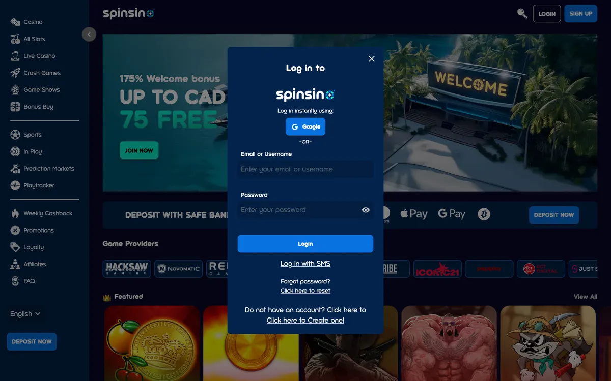 Spinsino Casino — Sign-up, captured from Canada