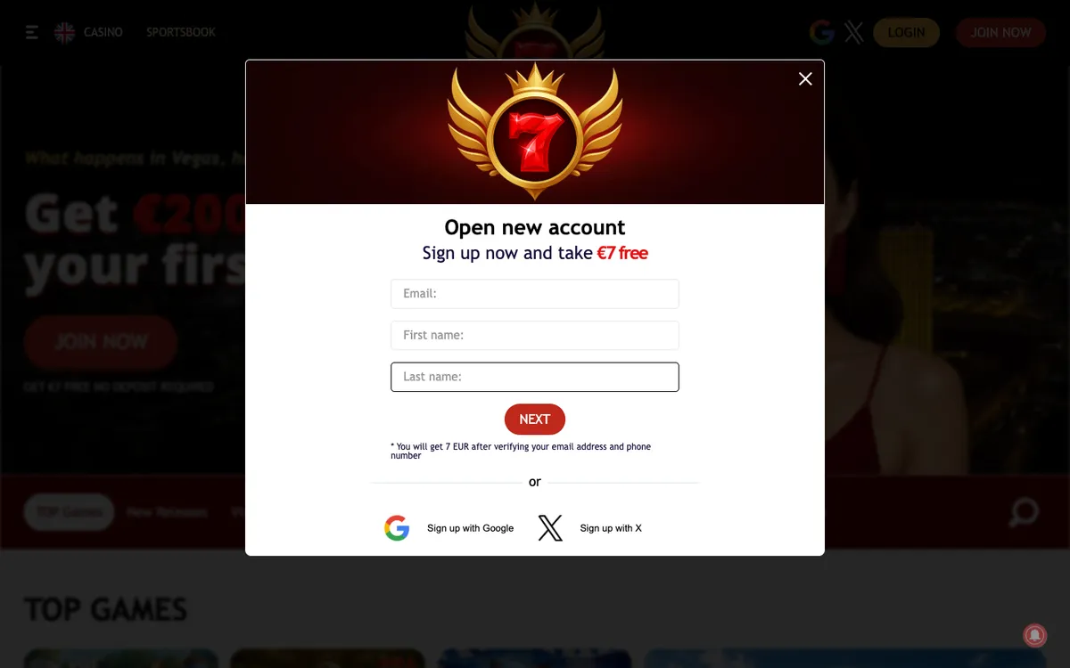 7Red Casino — Sign-up, captured from Germany