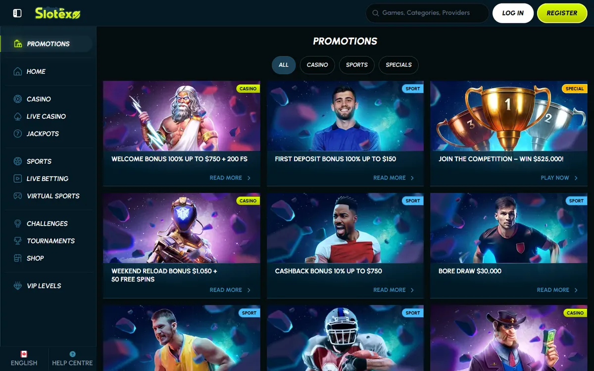 Slotexo Casino — Promotions, captured from Canada