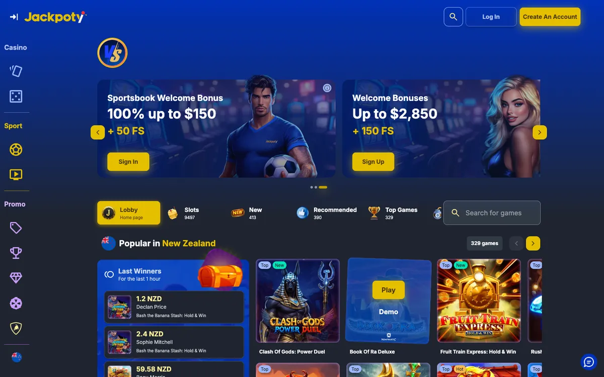 Jackpoty Casino — Home page, captured from New Zealand