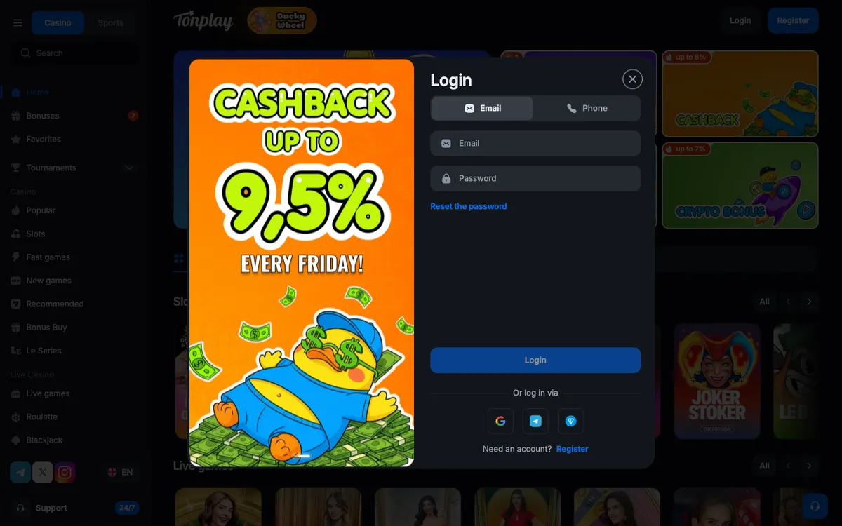 Tonplay Casino — Sign-up, captured from Austria