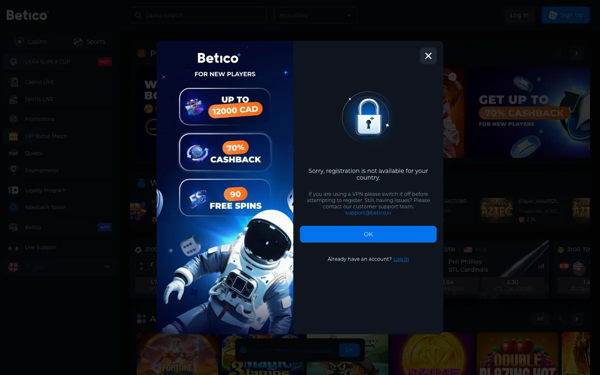 Betico Casino — Sign-up, captured from Poland