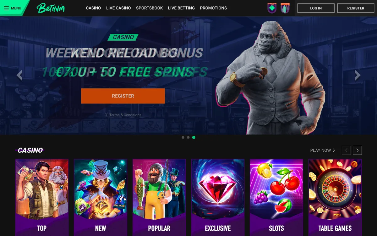 Betinia Casino — Home page, captured from New Zealand