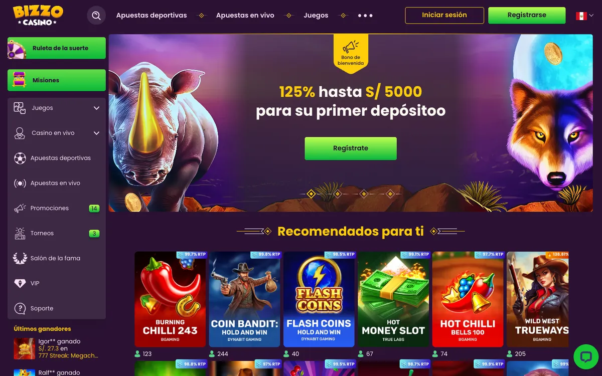 Bizzo Casino — Home page, captured from Peru