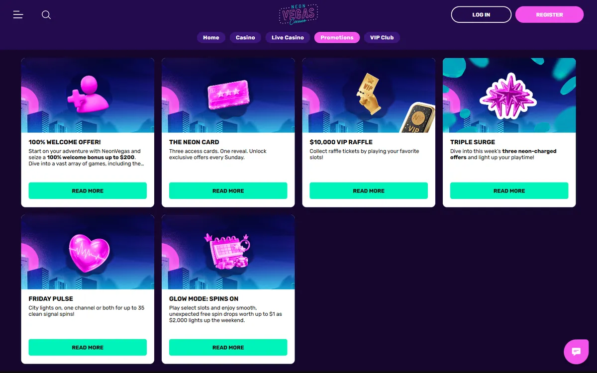 NeonVegas Casino — Promotions, captured from Canada