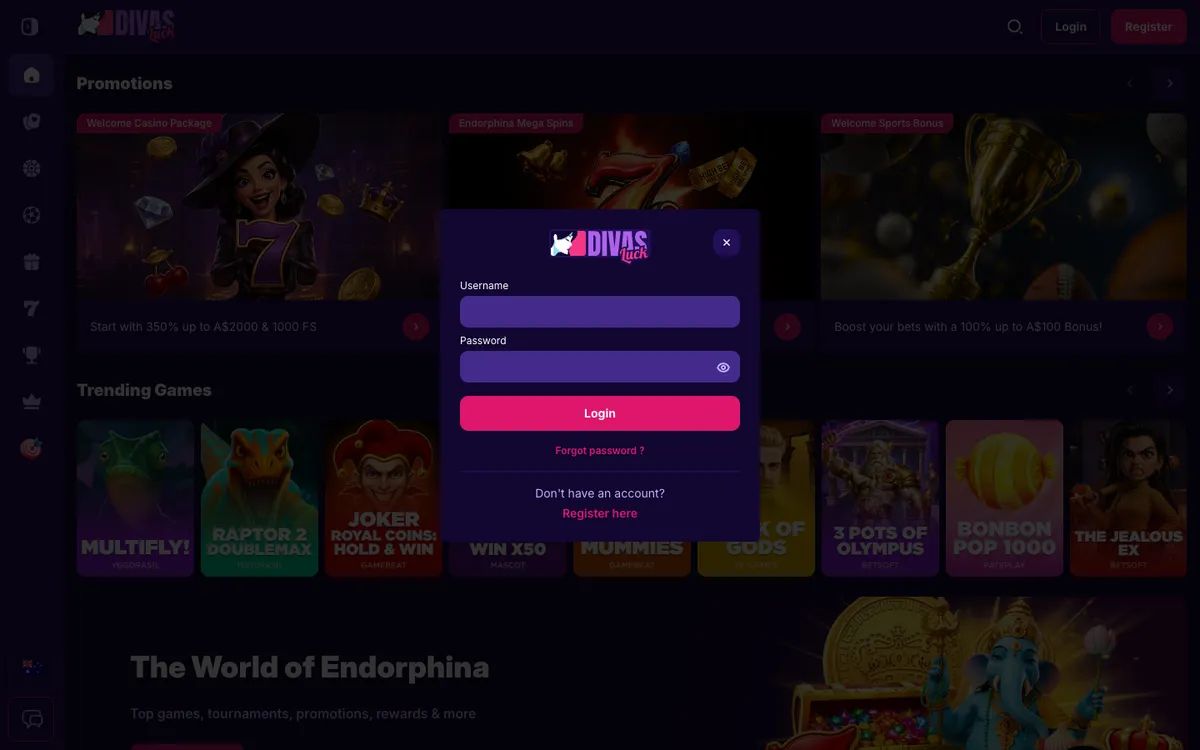 Divas Luck Casino — Sign-up, captured from Australia
