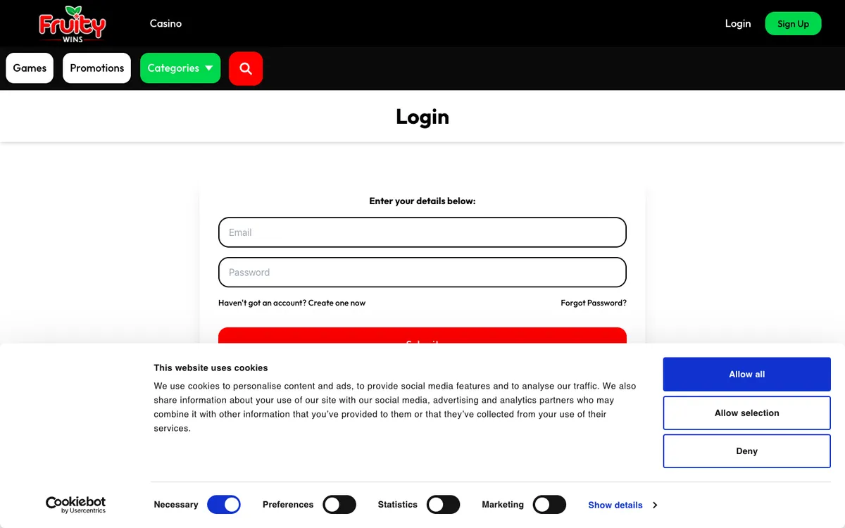 Fruity Wins Casino — Sign-up, captured from United Kingdom