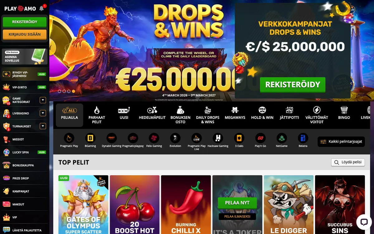 Playamo Casino — Home page, captured from Finland