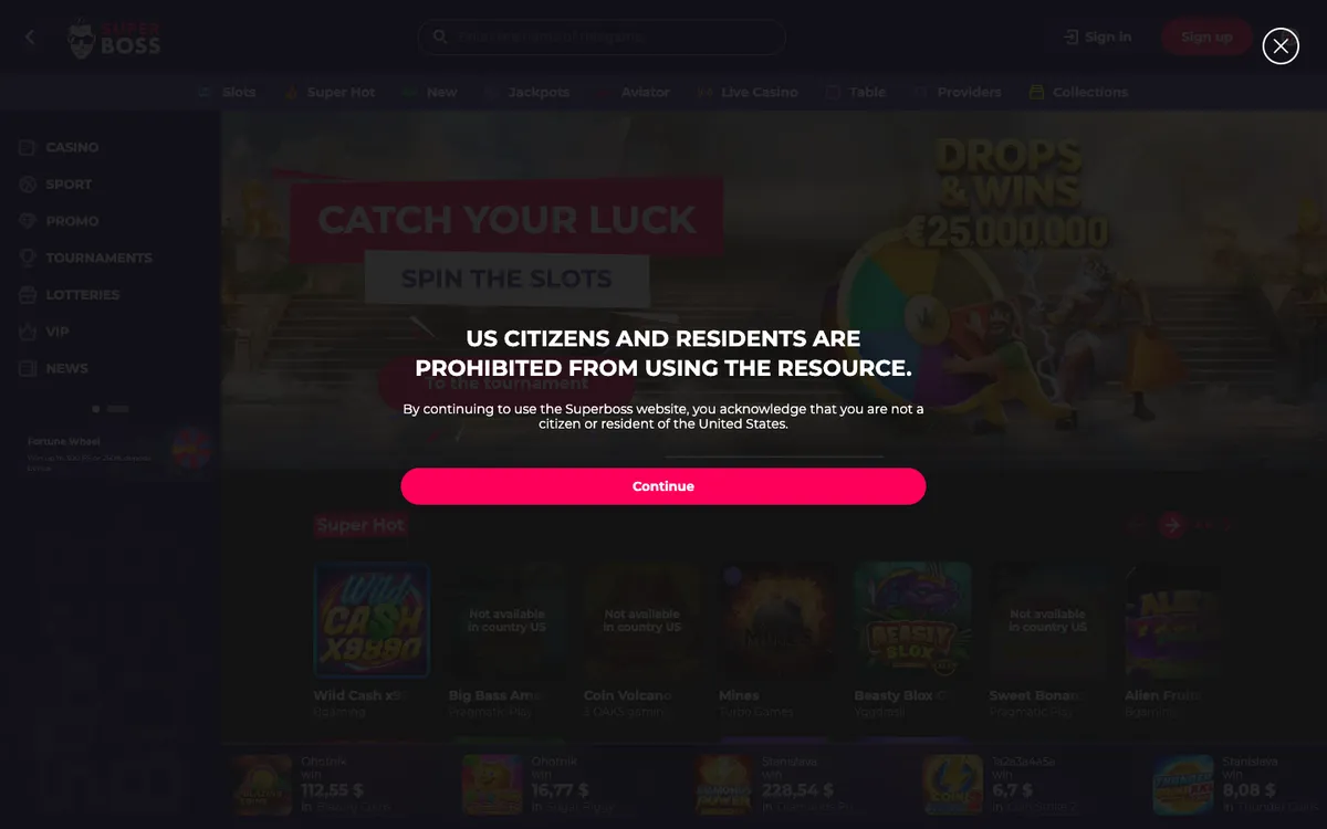 SuperBoss Casino — Home page, captured from Argentina