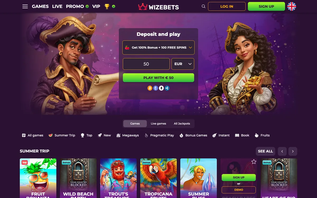 Wizebets Casino — Home page, captured from Poland