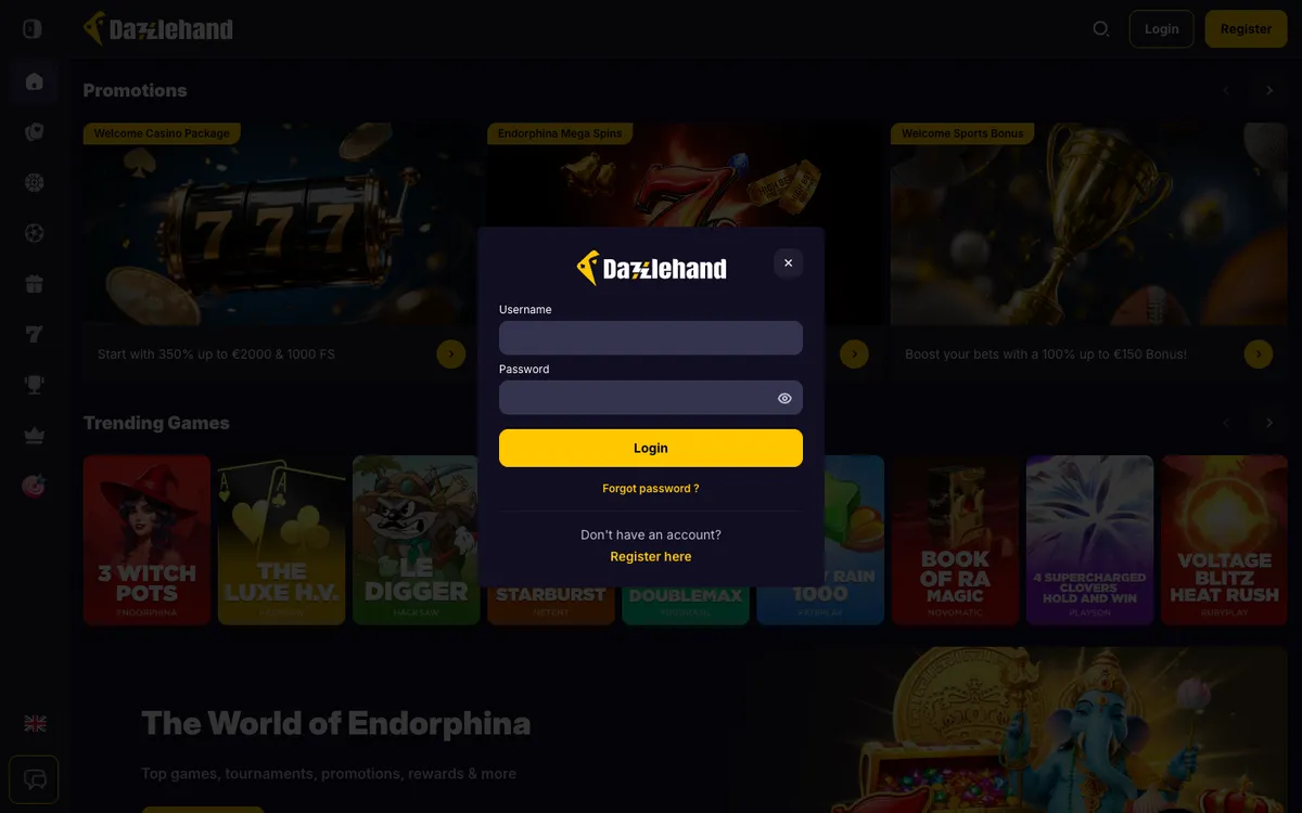 Dazzlehand Casino — Sign-up, captured from Belgium
