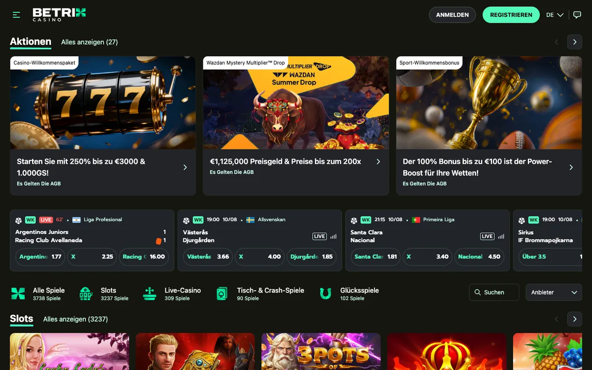Betrix Casino — Home page, captured from Germany