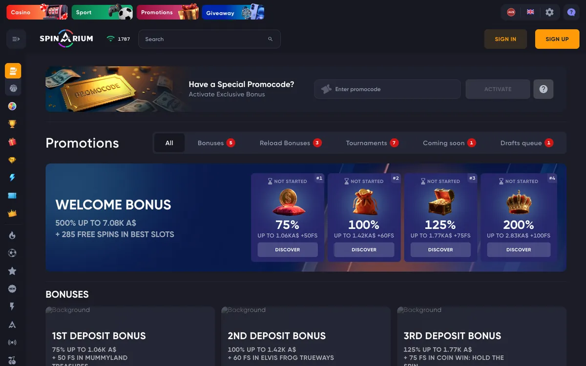 Spinarium Casino — Promotions, captured from Australia