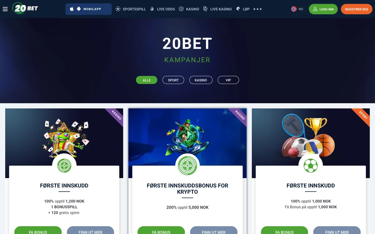 20bet Casino — Promotions, captured from Norway