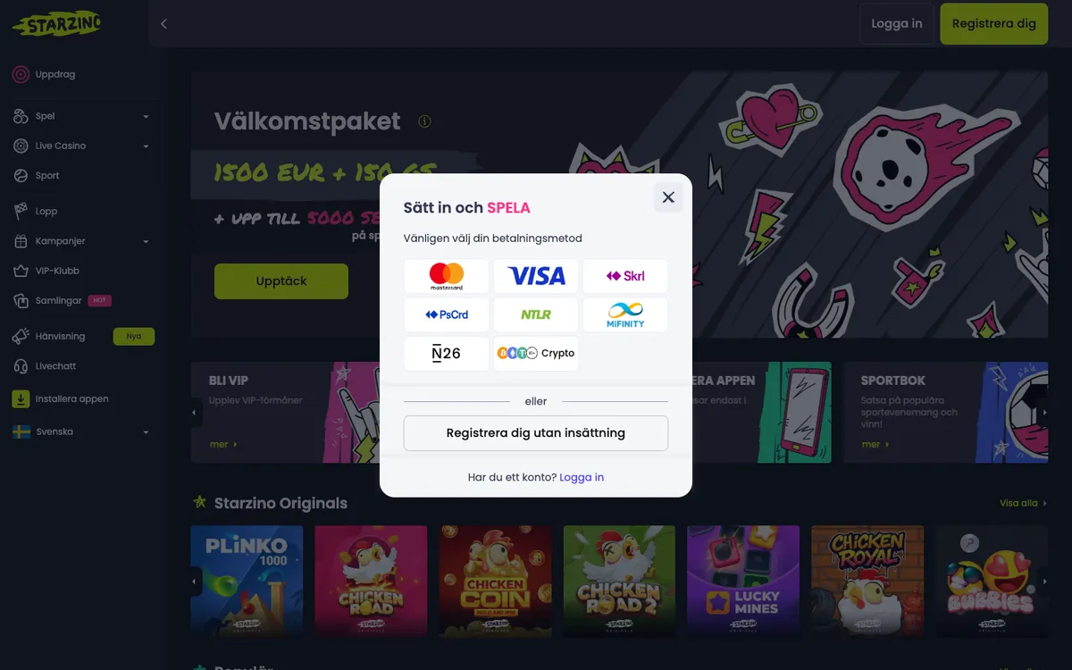 Starzino Casino — Home page, captured from Sweden