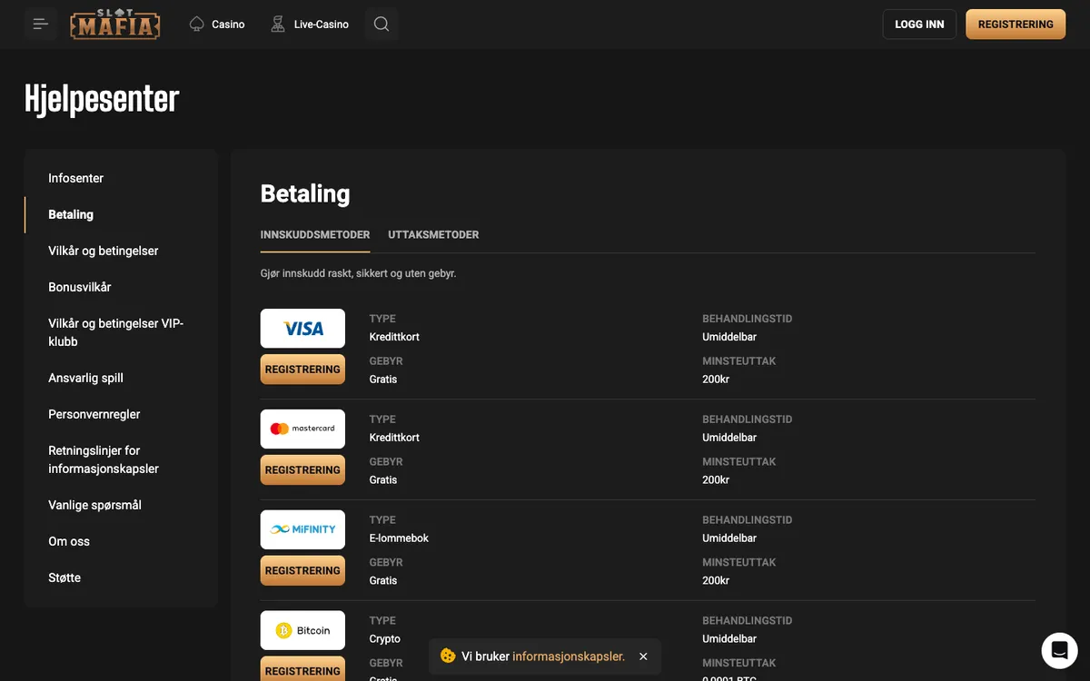 Slot Mafia Casino — Payments, captured from Norway