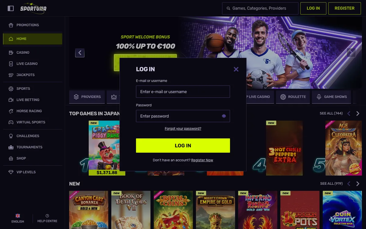 Sportuna Casino — Sign-up, captured from Japan