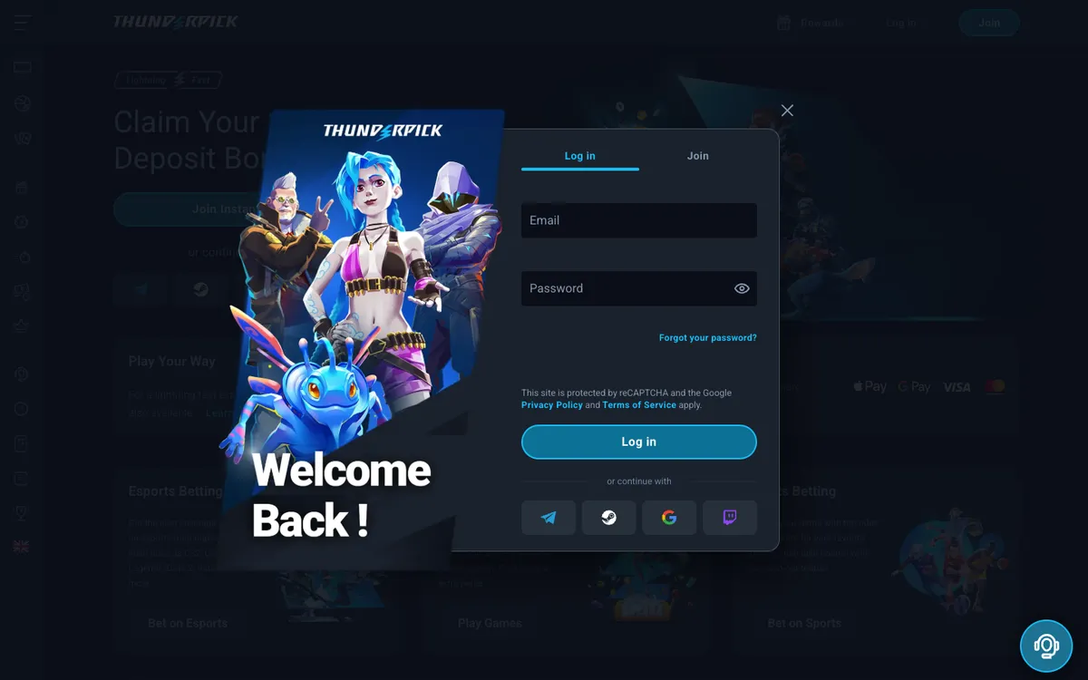 Thunderpick Casino — Sign-up, captured from Belgium