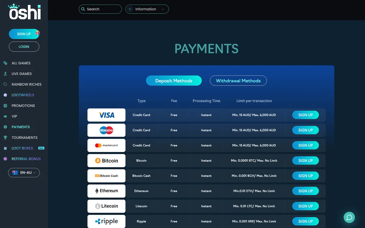Oshi Casino — «Платежи», снято из страны Австралия