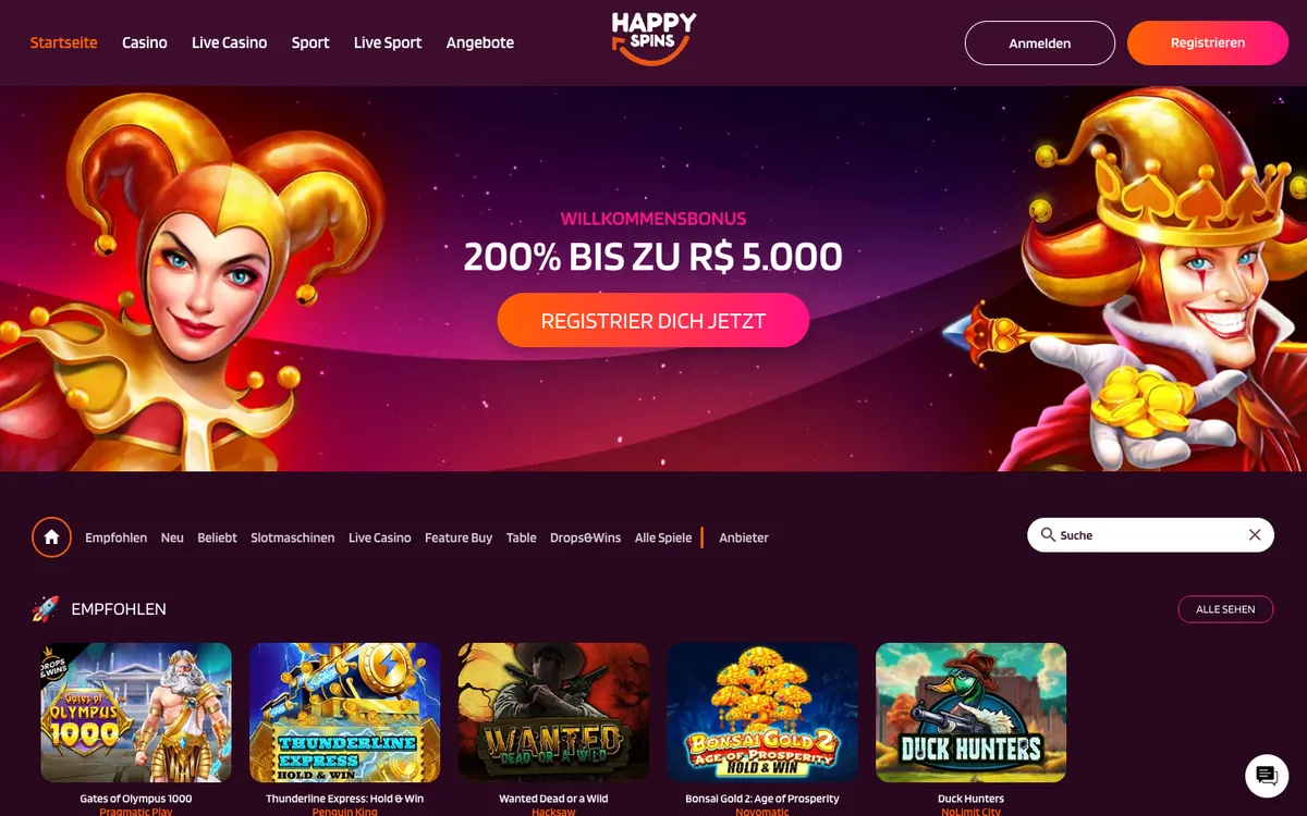 HappySpins Casino — Home page, captured from Germany