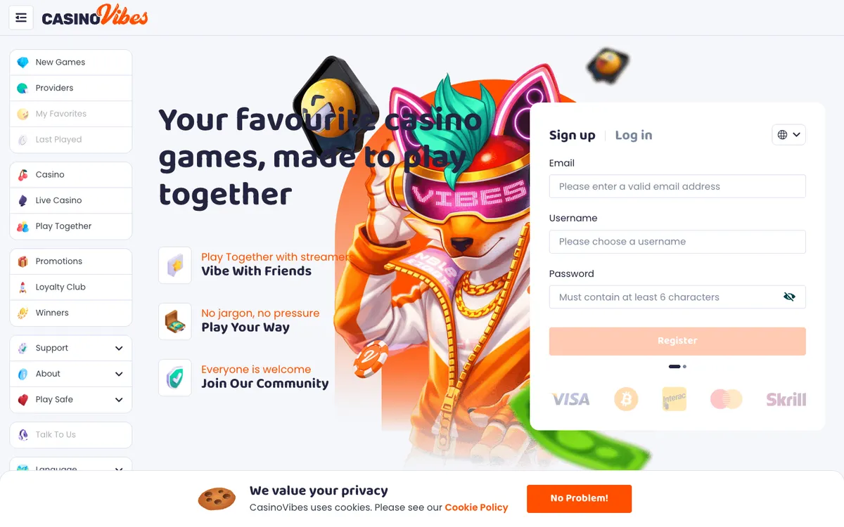 CasinoVibes — Sign-up, captured from Australia