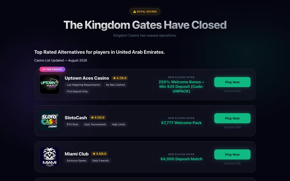 Kingdom Casino — Home page, captured from United Arab Emirates
