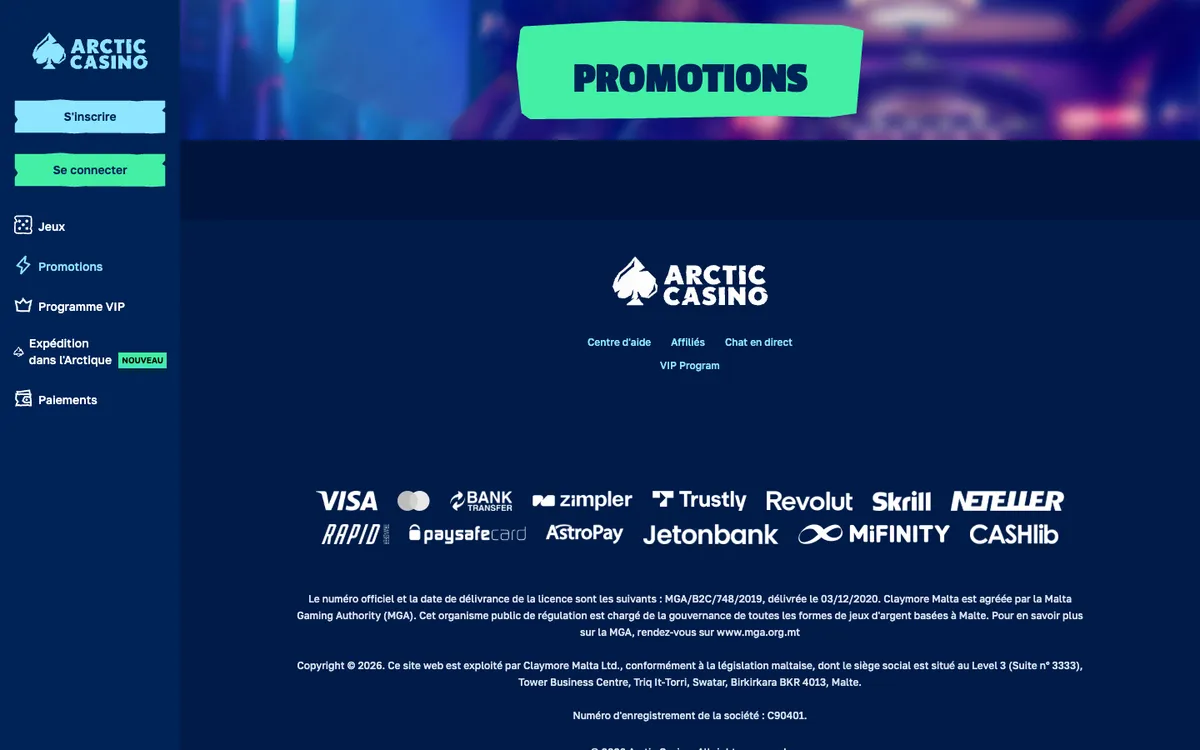 Arctic Casino — Promotions, captured from France