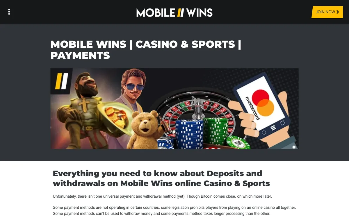 Mobile Wins Casino — Payments, captured from Austria